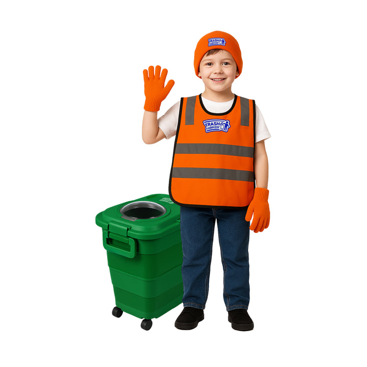 Child wearing orange trash collector costume with green toy trash bin