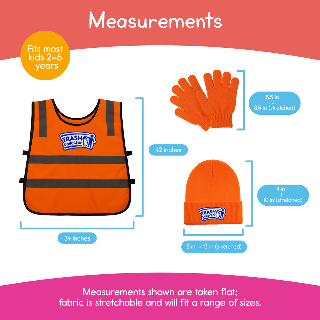 Size guide for trash collector vest, hat, and gloves for kids ages 2-6