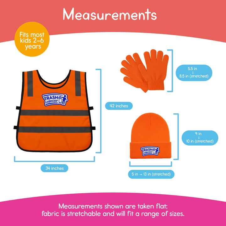 Size guide for trash collector vest, hat, and gloves for kids ages 2-6