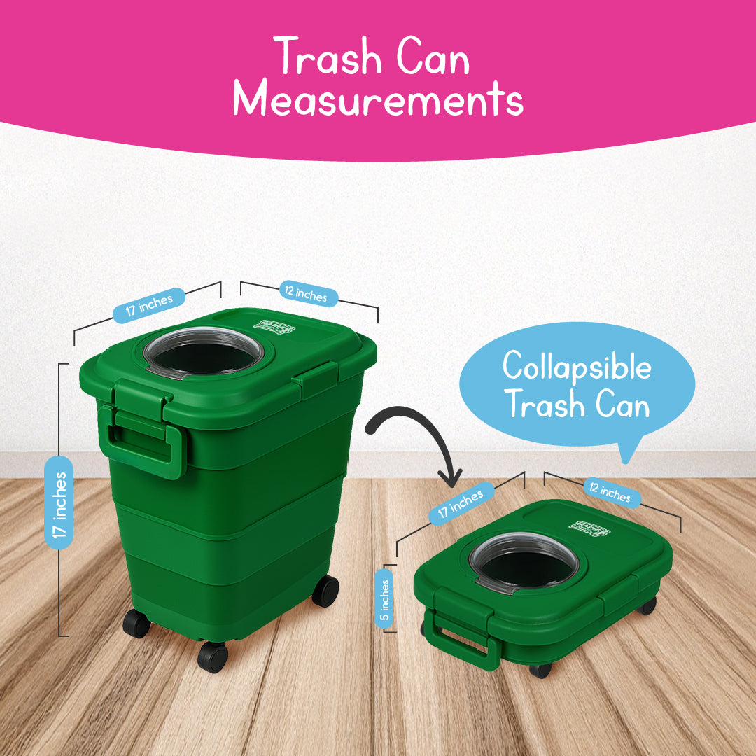Collapsible green toy trash bin measurements for kids play set