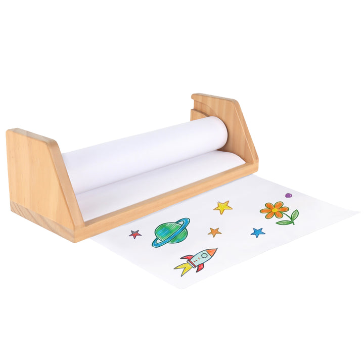 Wooden kids art paper roll dispenser holding a 12 inch drawing paper roll with a child's colorful drawing