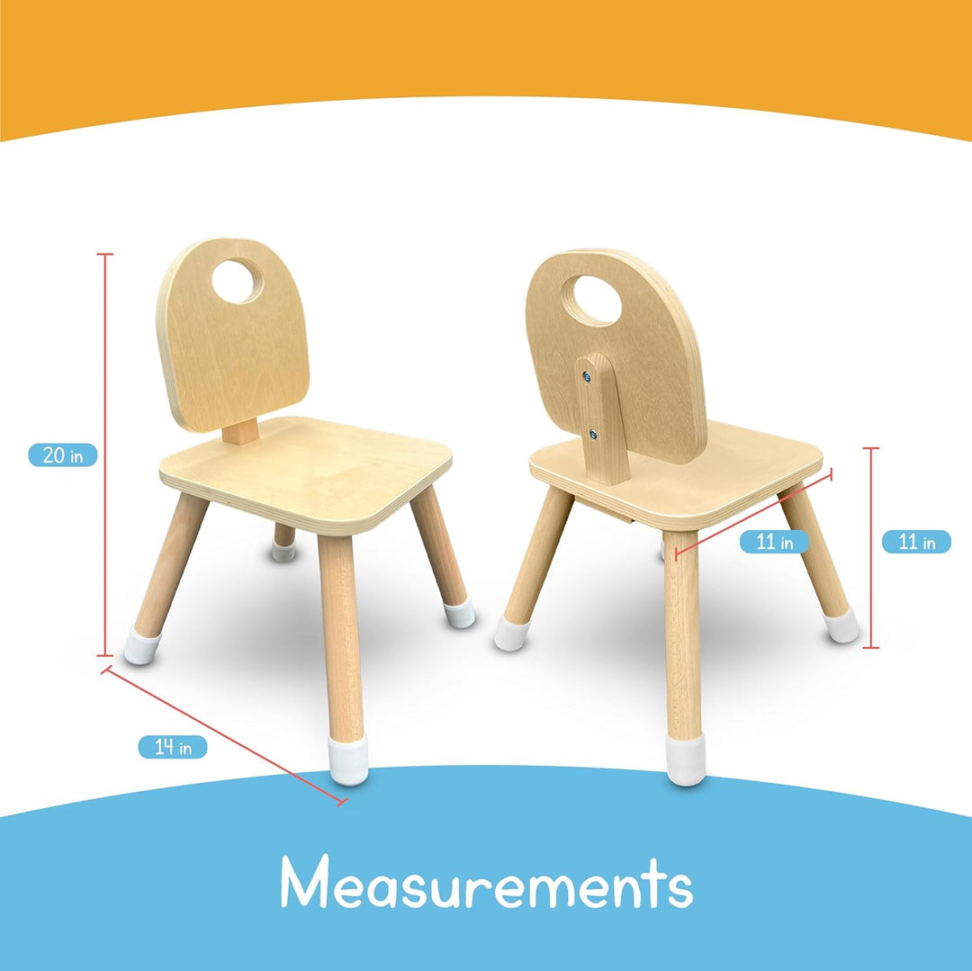 Wooden kids chair measurements chart showing dimensions and seat height for toddlers and preschool classrooms.