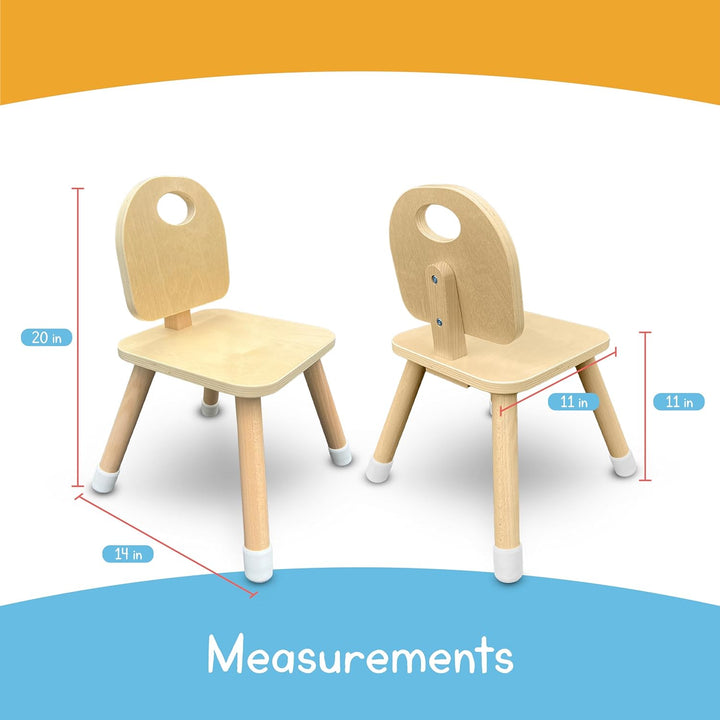 Wooden kids chair measurements chart showing dimensions and seat height for toddlers and preschool classrooms.