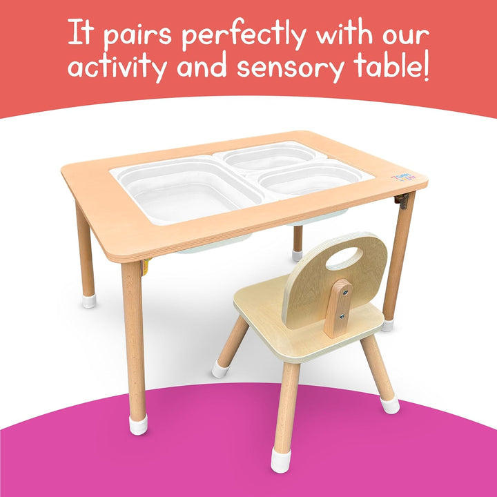 Wooden kids chair paired with 7 Days of Play sensory table, creating a perfect setup for play, crafts, and learning.