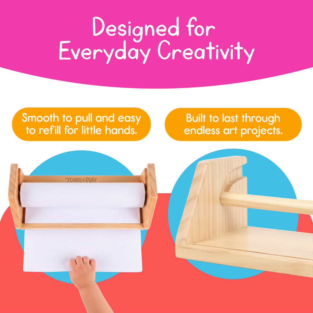Wooden paper roll holder set up as an everyday art station for drawing, coloring, painting and crafts