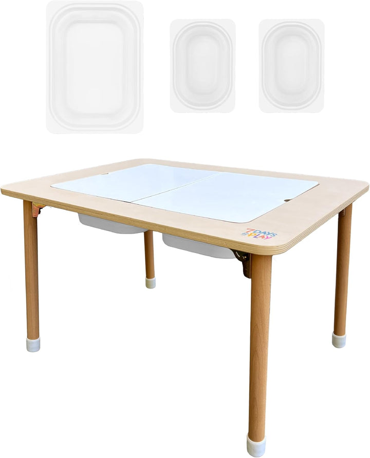 Wooden sensory play table for toddlers with two bins, foldable legs, and lids shown in playroom setup
